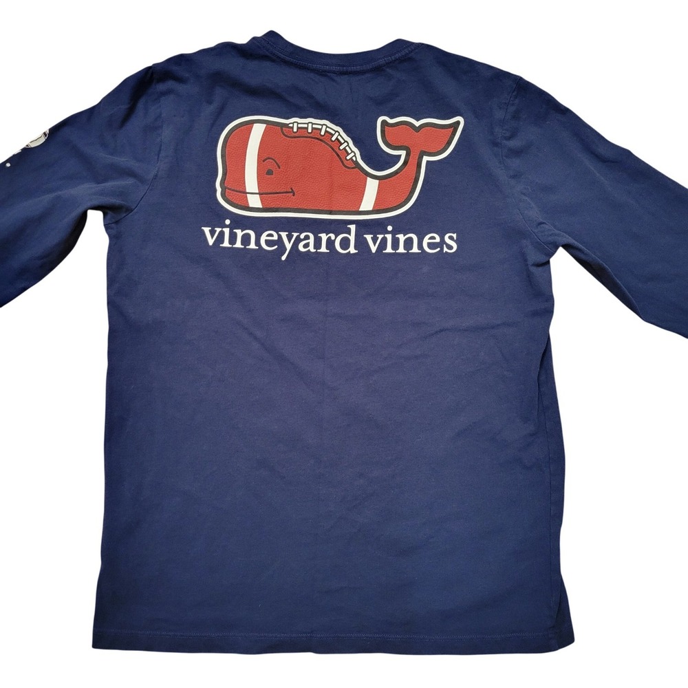 Vineyard Vines Youth Long Sleeve T Shirt Navy Blue Football Whale Pocket Tee M